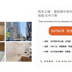 房屋出租 - 曼哈顿中城统舱周末公展：周六（1/17） 下午2:00-2:30